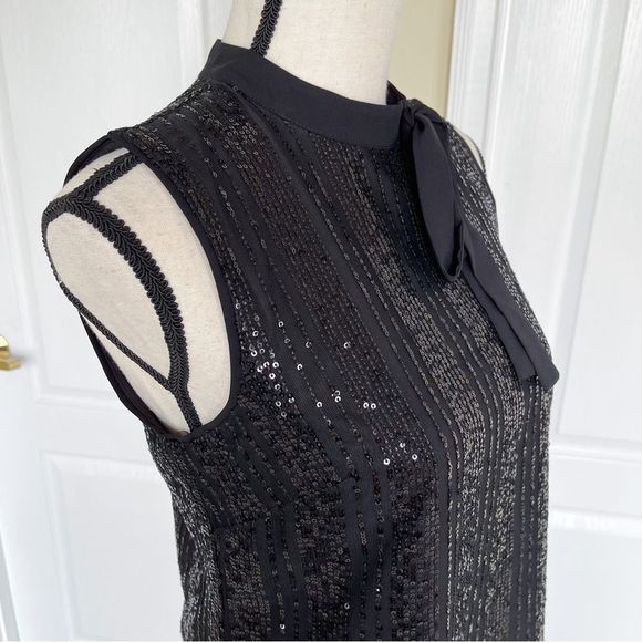 CeCe Size XS Black Sequin Layered Bow Tie Neck Sleeveless Cocktail Dress - Picture 5 of 16